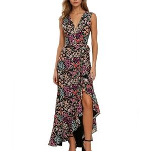 Yumi Kim Black Floral Maxi Dress with Pink & Red Blooms